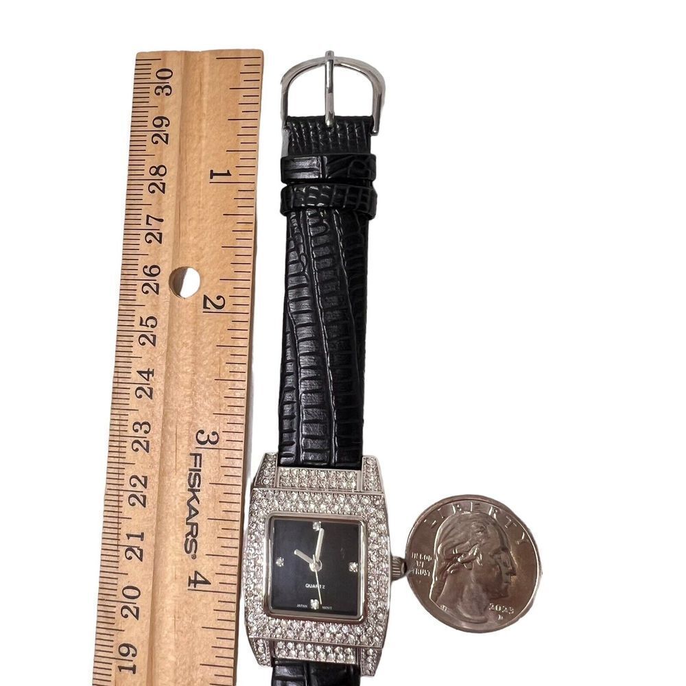 Vintage Women's Watch Black Band Faux Leather Rhinestone Bezel Black Dial - Picture 12 of 16